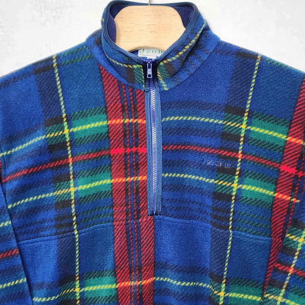 VTG 90S IZOD PLAID FLEECE PULLOVER 1/4 ZIP SWEATER TARTAN PREPPY MOCK NECK SZ XL